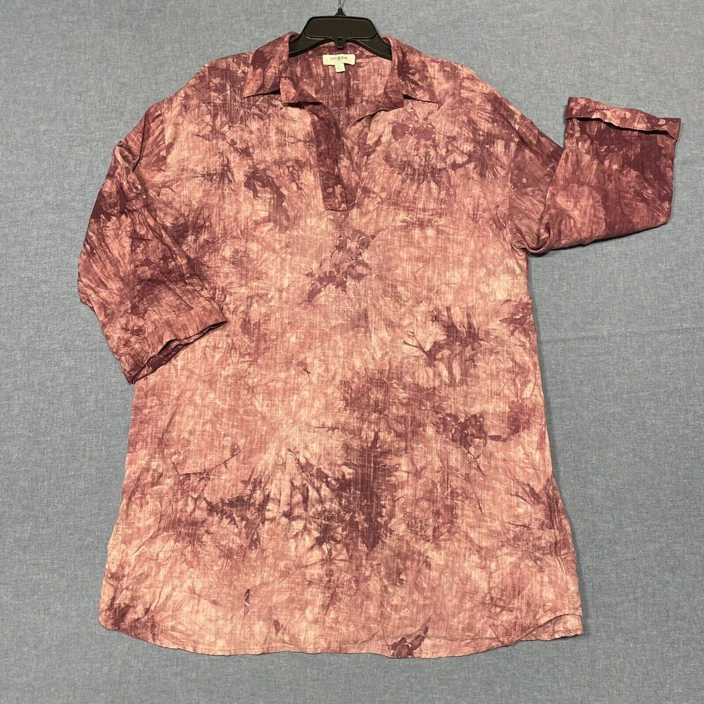 UMGEE Blouse Tunic Top Sz Large Red Pink Collar Tie Dye 3/4 Sleeve Linen Viscose